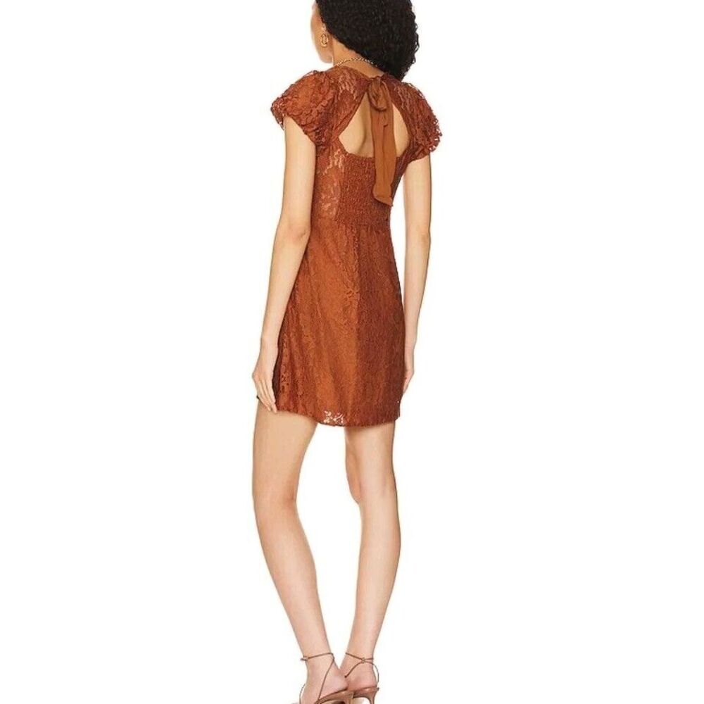 Free People Hailee Lace Mini Dress Brun Puff‎ Sleeve Lined Sz M NWT $168
